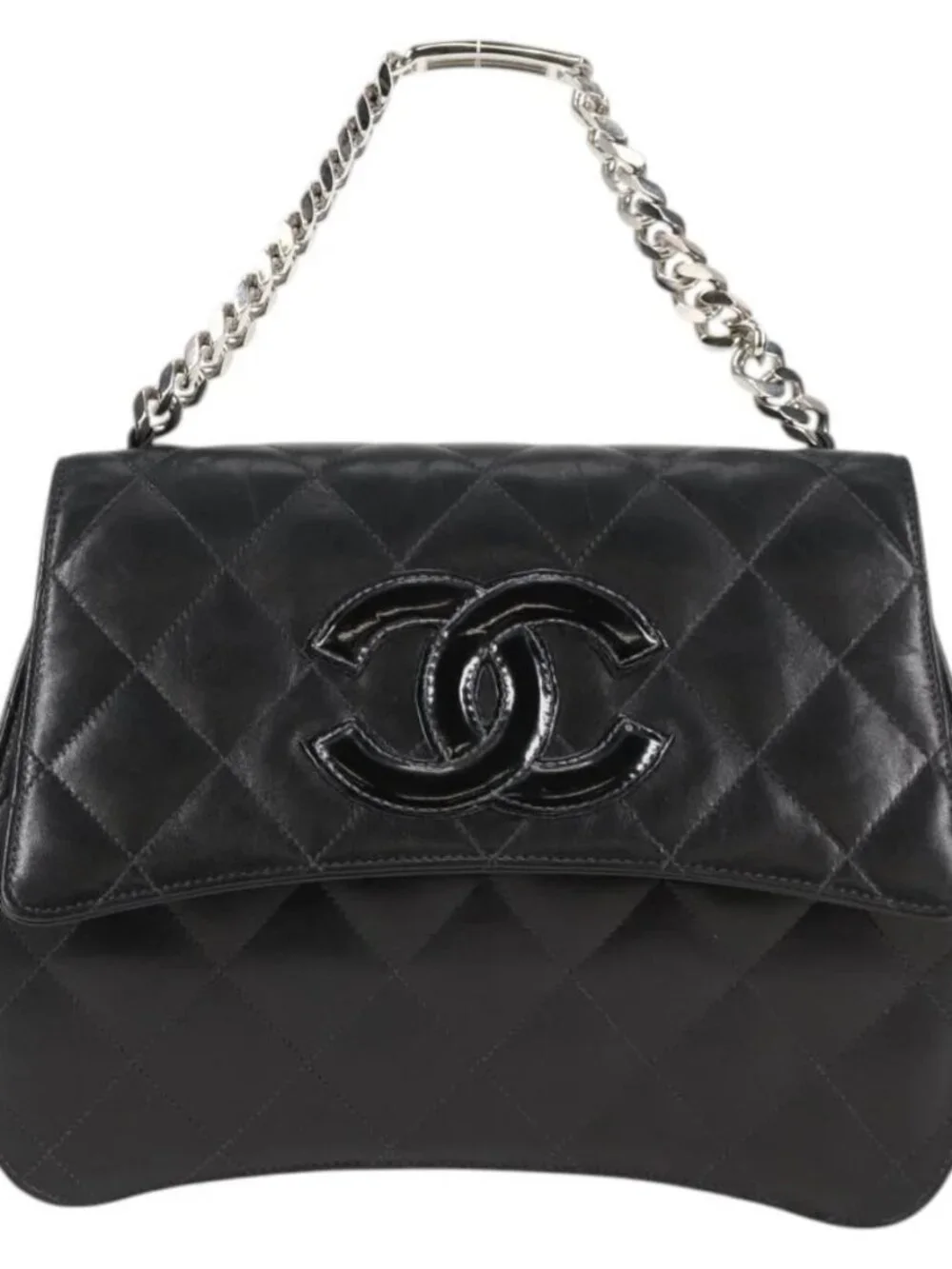 CHANEL Chain Hand Bag Lamb Skin Black Silver CC Auth 138566V